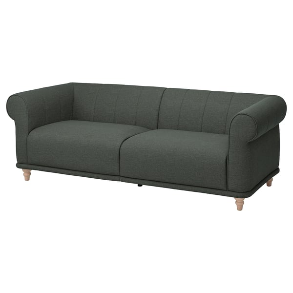 Dark green VISKAFORS sofa, classic design with rolled arms, soft cushions, wooden legs.