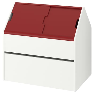 Kids VITBJÖRN storage box, white & red, house shape, two sections, pull-out drawer.