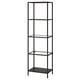 A VITTSJÖ black metal and glass bookshelf with four shelves. It has a sleek, modern design, perfect for displaying items.