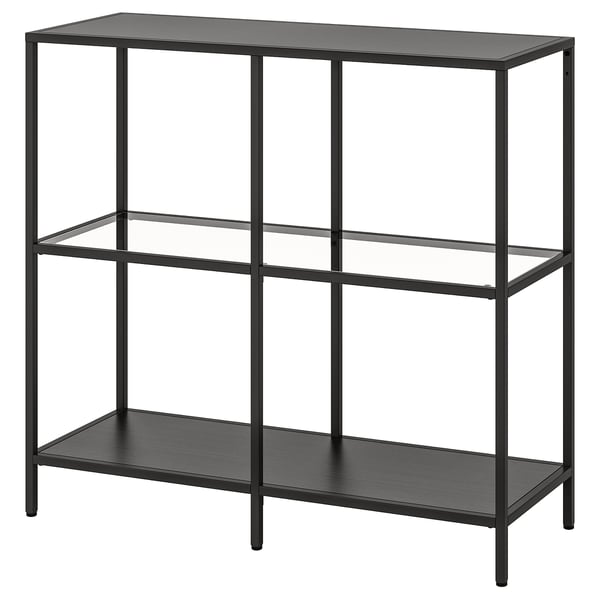 Ikea VITTSJÖ: black-brown glass shelves with metal frame. Modern, minimalist design.