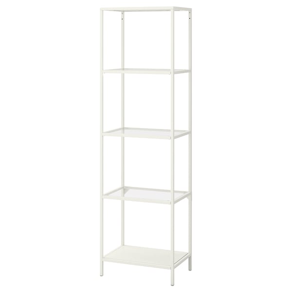 An empty white VITTSJÖ bookshelf with five glass shelves, giving a modern and airy design.