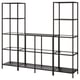 Black metal and glass bookshelf with multiple shelves, sleek modern design.