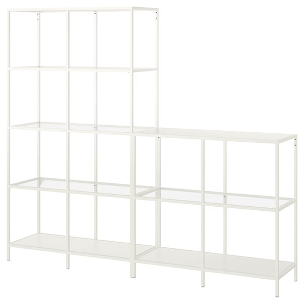 A VITTSJÖ white metal and glass shelving unit. It is rectangular, with multiple open shelves, providing a minimalist and airy design.