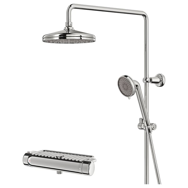 The VOXNAN shower system in chrome, including a rain showerhead, handheld sprayer, and wall-mounted mixer with shelf.