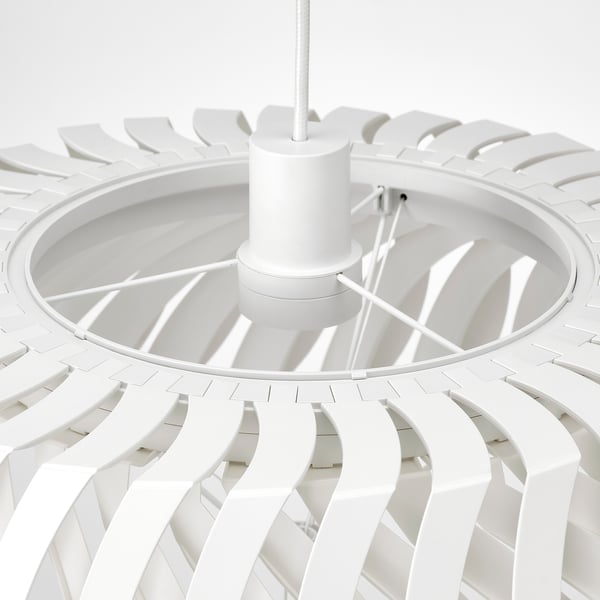 White pendant lamp with adjustable flower-like shade, central column and strings for shaping. Modern and minimalist design.