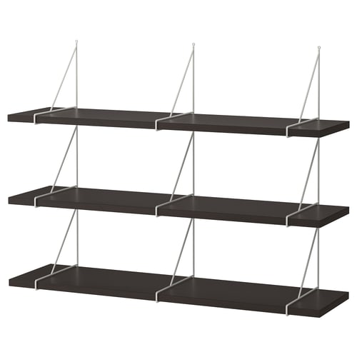Tühi must seinariiul nimega BERGSHULT, millel on kolm korrust ja valged metallklambrid, mis pakuvad kaasaegset minimalistlikku disaini.