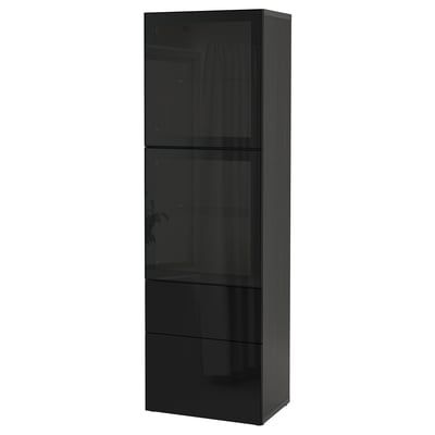 Kaasaegne must IKEA BESTÅ kapp klaasuste ja sahtlitega hoiustamiseks ja väljapanekuks.
