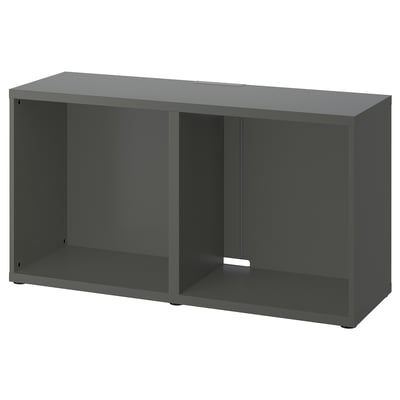 IKEA BESTÅ telerialus tumehalli värviga. See on ristkülikukujuline, mõõtmetega 50x120 cm, avatud ruumi ja reguleeritavate jalgadega stabiilsuse tagamiseks.