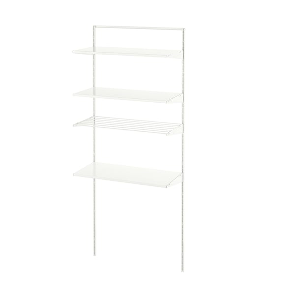 Valge BOAXEL seinariiul, metall ja puit. Neljakorruseline panipaik, kaasaegne minimalistlik disain.