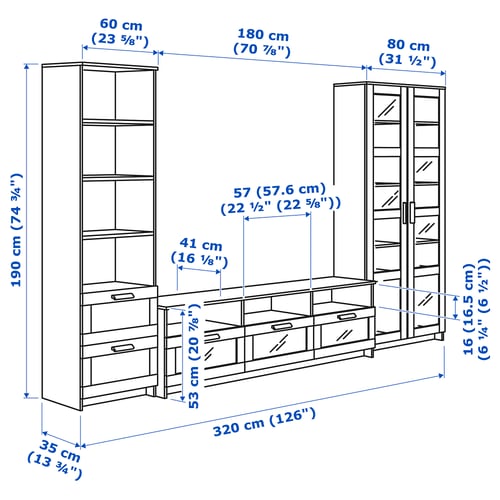 BRIMNES Klaasustega telerisektsioon, valge, 320x41x190 cm