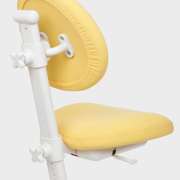 Kollane ergonoomiline tool, reguleeritav kõrgus ja istme sügavus, tugev valge raam, mugavuse tagamiseks polsterdatud.