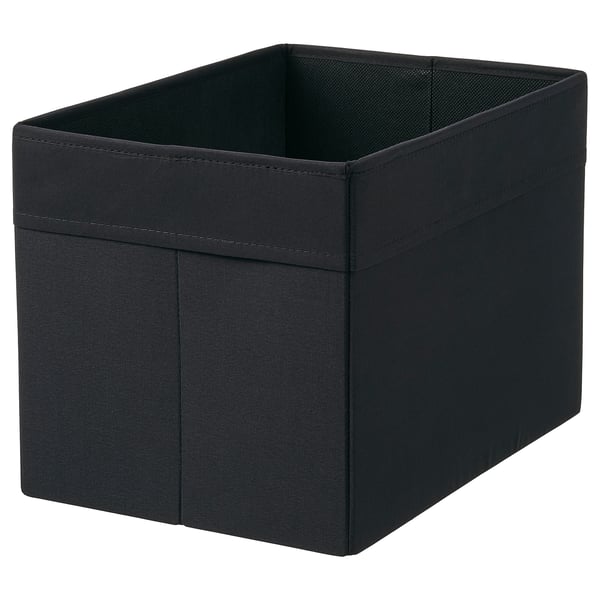 Must kangast hoiukast, ruudukujuline käepidemetega, sobib raamaturiiulitele või kappidesse.
