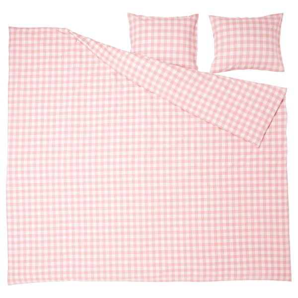 Heleroosa gingham voodipesukomplekt - 100% orgaanilisest puuvillast tekk ja padjapüürid.