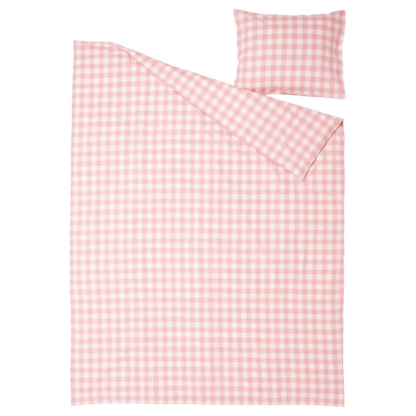 EKTANDVINGE voodikomplekt, heleroosa gingham-ruuduga, 100% orgaaniline puuvill, sisaldab teki- ja padjakatteid.