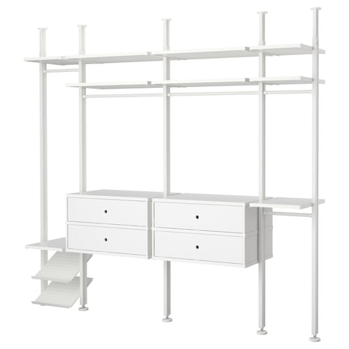 ELVARLI: valge modulaarne hoiusüsteem riiulite ja sahtlitega.