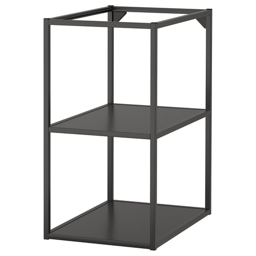 ikea ENHET mustast metallist riiul. Sellel on kaks avatud riiulit ja minimalistlik raami disain, mis sobib ideaalselt esemete eksponeerimiseks.