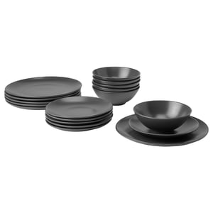 Ikea FÄRGKLAR komplekt 4 musta nõu, tumedad matid taldrikud ja kausid, lihtne minimalistlik disain.