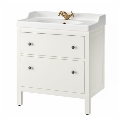 Valge HEMNES vannitoa tualettruum; 2 sahtlit, kuldne kraan, keraamiline kraanikauss, puidust jalad.
