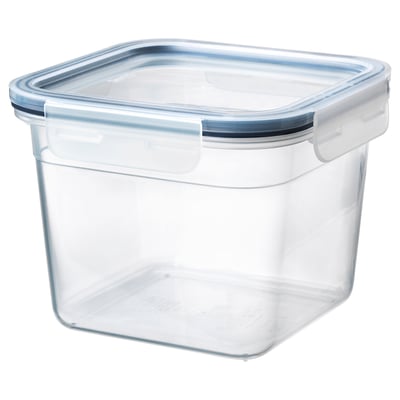 IKEA 365+ läbipaistvad ruudukujulised sinise kaanega tupperware'id, valmistatud polüpropüleenplastist, läbipaistvad ja külmakindlad.