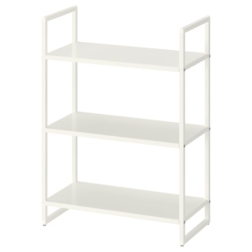 JONAXEL valgest metallist riiul, kaasaegne minimalistlik disain kolme avatud riiuliga, mis sobib ideaalselt igasse ruumi.