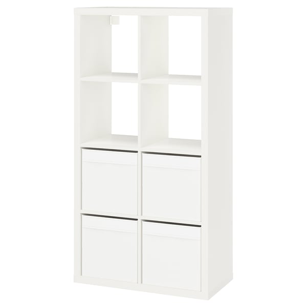 Minimalistliku disainiga valge ikea KALLAX riiul, millel on kuubikutest panipaigad ja sahtlid.