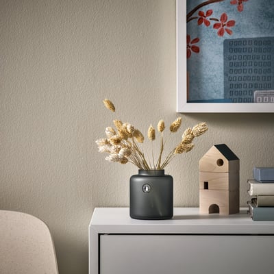 KONSTFULL vaas: väike, must klaas, kuivatatud lilled, puidust dekoor, kunst, raamatud.