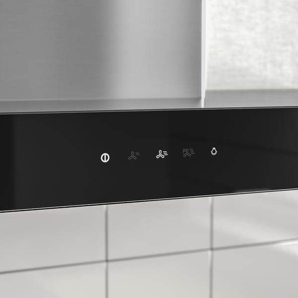 Must köögikubu puutetundlike juhtnuppudega: toide, valgus, ventilaatori kiirus ja taimer. Roostevabast terasest LED-valgustusega.