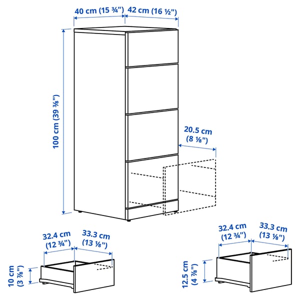 LASTARE 4 sahtliga kummut, valge, 40x42x100 cm