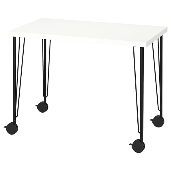 LINNMON valge kirjutuslaud, kaasaegne, neli musta ratasjalga, reguleeritav, minimalistlik disain.