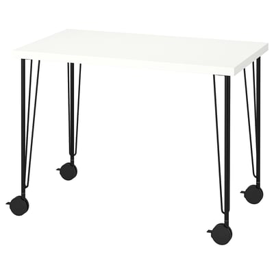 LINNMON valge kirjutuslaud, kaasaegne, neli musta ratasjalga, reguleeritav, minimalistlik disain.