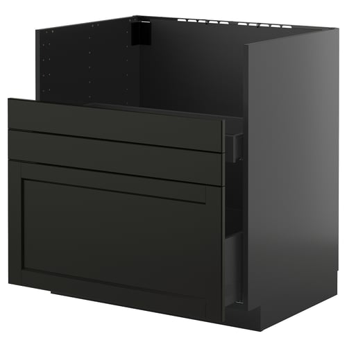 Must köögikapp, kaasaegne, ristkülikukujuline, klanitud disain sahtlite ja siledate pindadega.