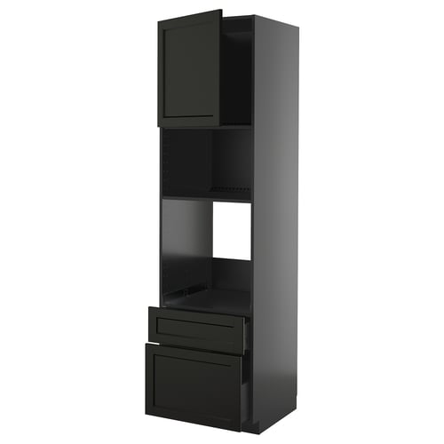 Must köögikapp sahtlite ja riiuliga, kaasaegne disain.