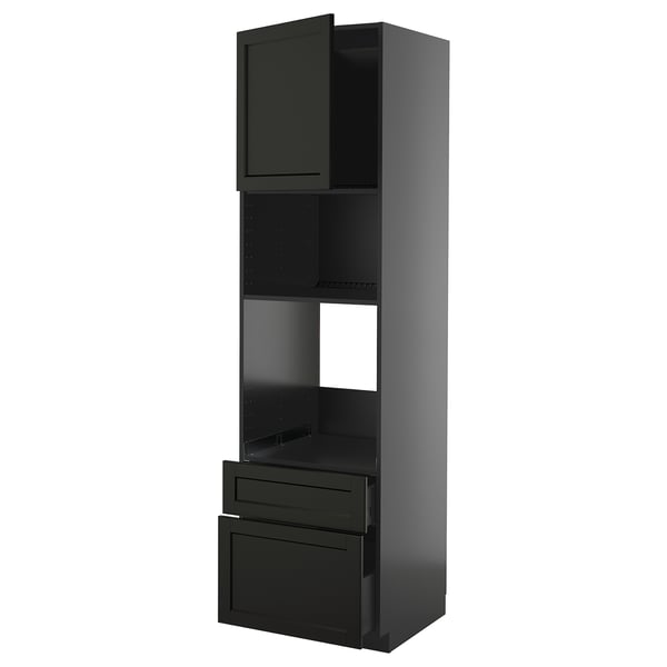 Must köögikapp sahtlite ja riiuliga, kaasaegne disain.