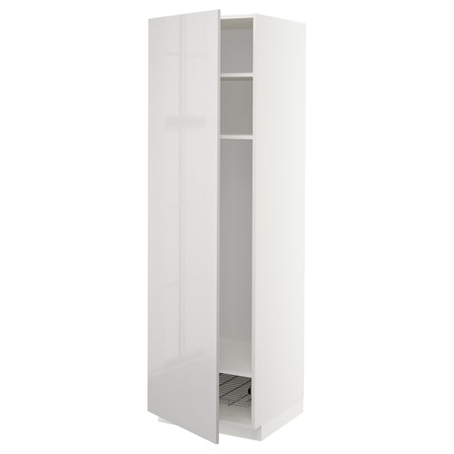 Valge kõrgläikega kõrge kapp, kaasaegne disain ühe reguleeritava riiuliga, minimalistlik stiil.