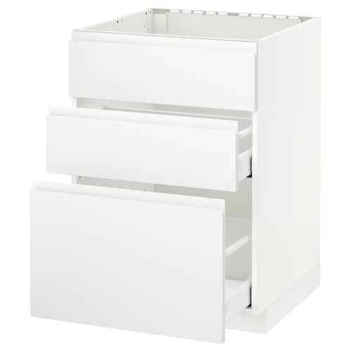 Valge METOD köögikapp, elegantne minimalistlik disain, kolm sahtlit, kaasaegne.