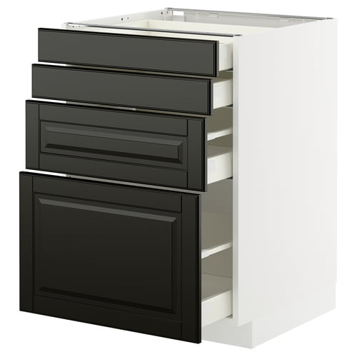 Kaasaegne köögikapp mustade kaldus sahtlite ja valge korpusega, mis pakub rohkelt hoiuruumi.