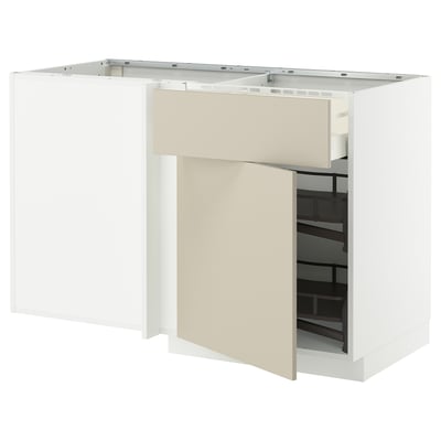 Kaasaegne valge köögikaapp beeži ukse ja väljatõmmatava riiuliga.