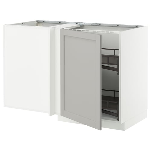 Valge ikea METOD avatud uksega köögikapp, millel on väljatõmmatavad riiulid.
