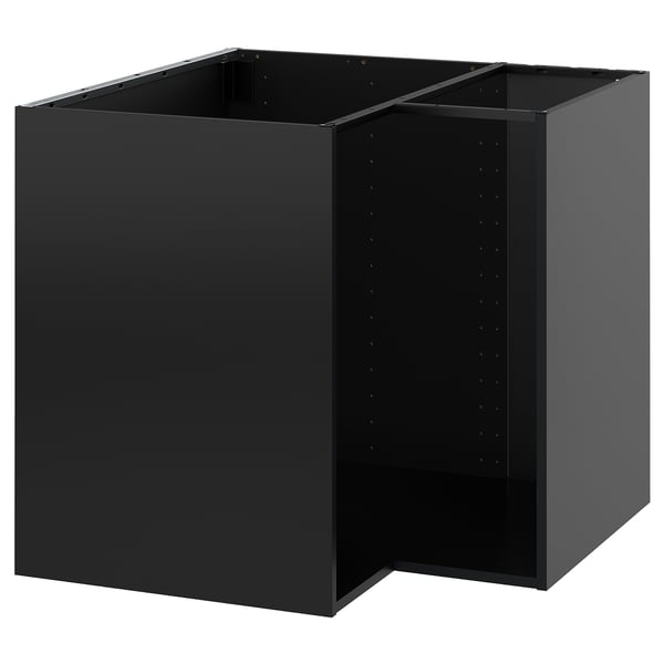 Must kuubikujuline köögikapp ikea METOD sarjast; Elegantne, kaasaegne disain reguleeritavate riiulitega.