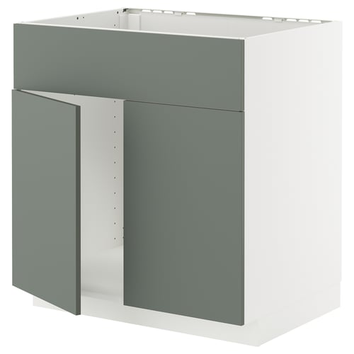 Moodne hallikasroheline valge põhjaga köögikapp, millel on elegantsed lamedad uksed ja minimalistlik disain.