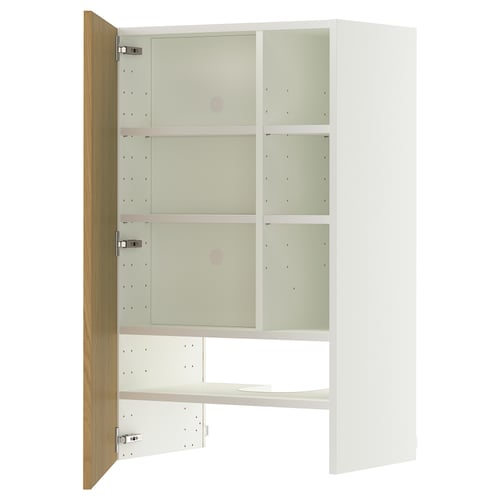 Valge tammepuidust uksega kapp METOD, mille sees on kolm riiulit. Disain on kaasaegne ja minimalistlik.