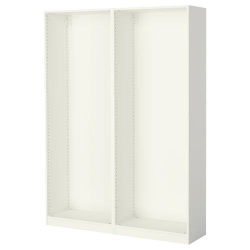Valge ikea PAX garderoobiraam, ristkülikukujuline, eelnevalt puuritud aukudega riiulite jaoks, seisab püsti.