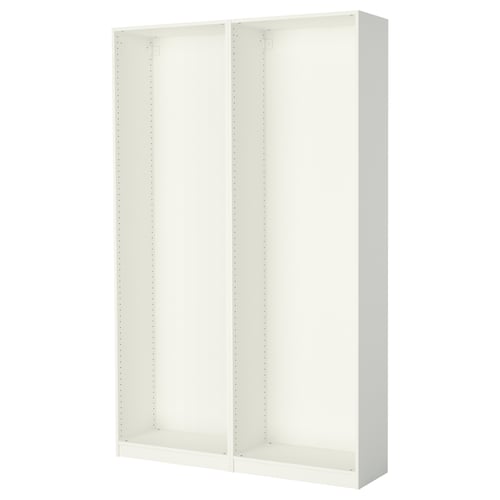 Valge ikea PAX garderoobiraam. Selle ruudukujuline, puitlaastplaadist valmistatud ja minimalistlik disain hõlpsaks kokkupanekuks ja kohandamiseks.