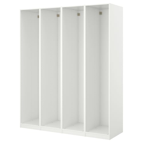 Valge PAX garderoob, modulaarse riiulisüsteemi disain kohandatud hoiustamiseks.