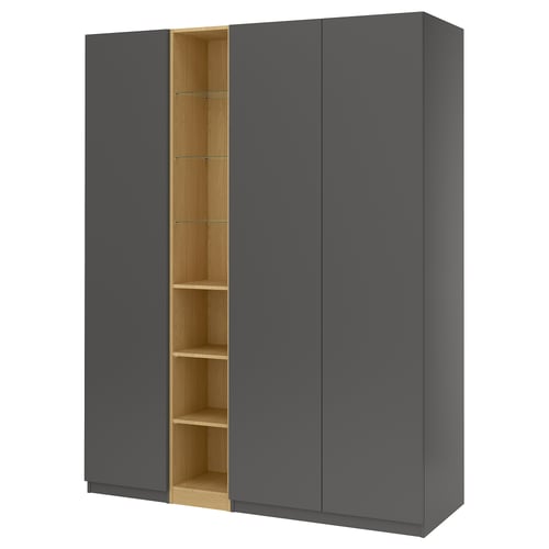 IKEA PAX riidekapp, tumehall, puidust riiulid, ristkülikukujuline, minimalistlik disain.