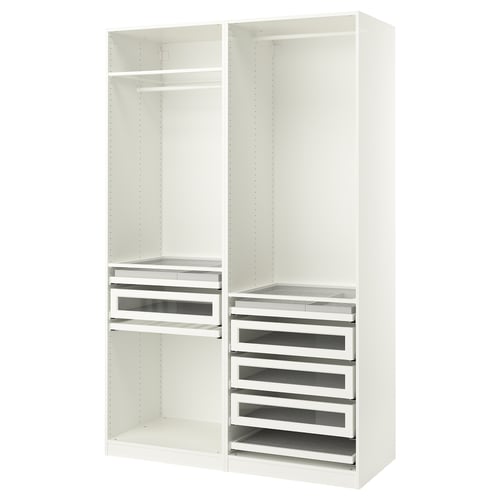 Valge PAX garderoob: 2 sektsiooni, riiulid, sahtlid, klaasist esipaneelid, metallsiin.