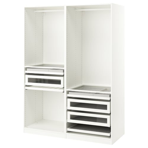 Alt: valge PAX garderoobisüsteem sahtlite ja riiulitega.