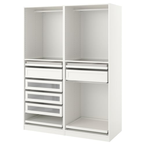 Valge ikea PAX riidekapp. See sahtlid ja riiulid, mis on mõeldud ühiseks kasutamiseks reguleeritavate jalgadega ja 10-aastase garantiiga.