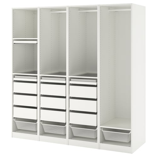 Valge ikea PAX riidekapp, kuus sektsiooni, metallist korvid, klaasriiulid.
