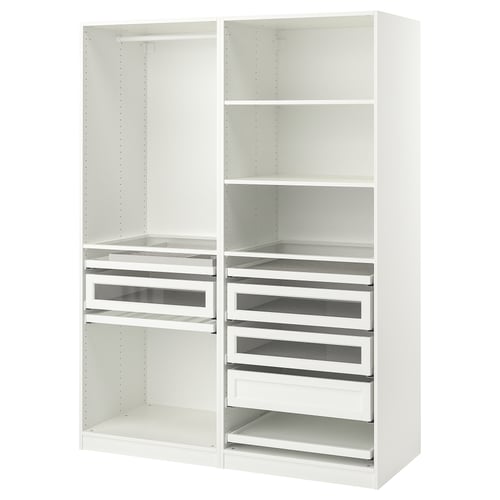 Ikea PAX valge riidekapp klaassahtlite ja riiulitega.